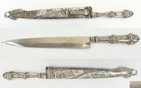 South American Mid 20th Century - Ornate Solid Silver Handle Bout Knife with Scabbard with Inox