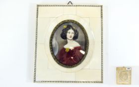 1930's Painted Miniature Portrait of a Young Victorian Lady, In Ivorine Frame. 5.75 x 5 Inches.