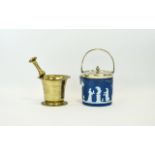 Ice Bucket And Brass Pestle And Mortar Small EPNS silver tone metal and blue Jasperware style ice