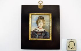 19thC Hand Painted Miniature Portrait of a young Spanish lady within an ebonised and metal frame. 3.