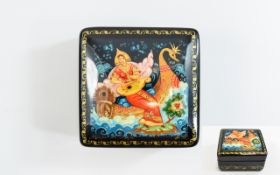 ' Swan Princes ' Square Russian Lacquer Table Box, Hand Painted and Featuring Russian Fairy Tale