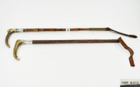 Swaine And Adneney Pair of Leather Bound Riding Crop Horse Whips with horn and silver banded