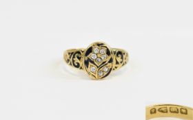 Victorian Exquisite 18ct Gold Diamond and Enamel Set Mourning Ring the central flower design set