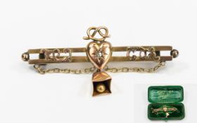 Victorian Ladies 9ct Gold Brooch with heart shaped diamond set centre, see photo.