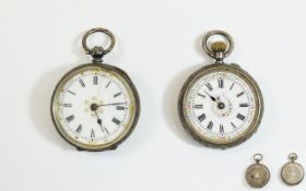 Two Ladies Continental Silver Fob Watches, each marked 935, one with hand painted floral