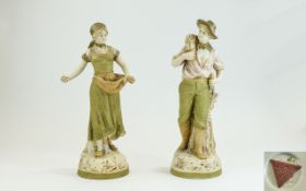 Royal Dux Pair of Hand Painted Figurines Male and Female Oyster Catcher. No 2276. c.1900. Pink