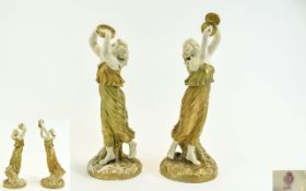 Royal Worcester 19th Century Fine Pair of Hand Painted Porcelain Figurines Wearing Flowing Classical