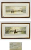 R - Bonham Early 20th Century Pair of Watercolours - Panoramic Seascapes ' Ships of The Coast '