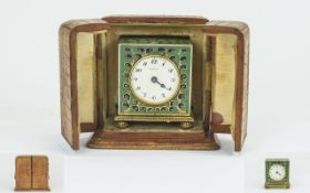 Zenith - Boudoir Gilt Metal and Enamel Cased Travel Alarm Clock with Lined Leather Case. c.1930's.