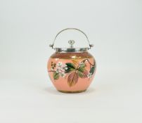 James Macintyre Early Biscuit Lidded Barrel with Silver Plated Cover and Swing Handle. c.