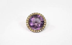 Antique 9ct Gold Brooch Set with a Large Circular Faceted Amethyst Surrounded by Seed Pearls,