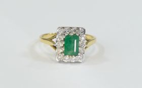 18ct Gold Emerald and Diamond Cluster Ring, The Central Emerald Surrounded by 14 Diamonds.