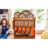 French 5 Piece Le Creuset Pan Set In Burnt Orange With Pine Shelving Unit