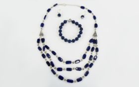 Lapis Lazuli Necklace, Bracelet And Earring Suite Statement necklace with three strand design,