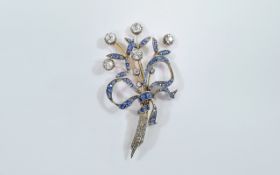 Antique - Fine Quality 18ct Gold Diamond and Sapphire Brooch, In The Form of a B of Flowers,