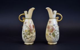 Royal Worcester - True Pair of Blush Ivory Hand Decorated Ewers / Jugs with Painted Spring Flowers