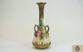 Royal Worcester Hand Painted Twin Handled Specimen Vase ' Roses ' Stillife, Date 1911. Unsigned. 7