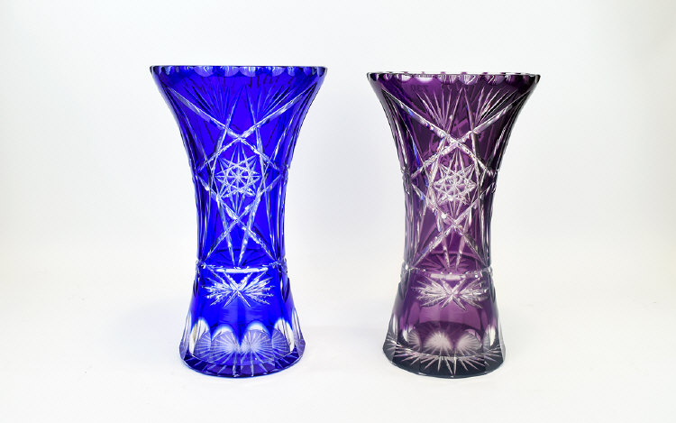 Two Trumpet Shaped Cut Glass Vases In Cobalt Blue And Amethyst,