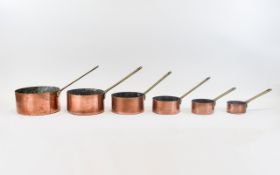 Set Of 6 Copper Saucepans, Largest Diameter 6.