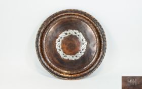 High Wallis Signed Arts and Crafts Planished Copped Round Dish with Silver Inlay.