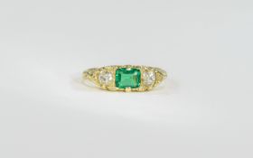 18ct Gold Set Nice Quality Period Emerald and Diamond 3 Stone Ring,