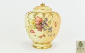 Royal Worcester Hand Painted Blush Ivory Lidded Vase, Decorated with Images of Spring Flowers on
