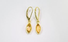 Citrine Marquise Drop Earrings, set in gold vermeil and silver lever back fittings,