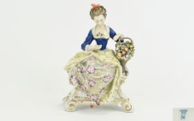 Volkstedt Hand Painted Porcelain Lady Figure In 19th Century Costume with Basket of Flowers