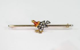 Victorian Unusual Diamond and Enamel 9ct Gold Brooch, Features a Bird Figure to Centre of Brooch,