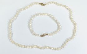 Cultured Pearl Necklace & Bracelet, 9ct Gold Clasp.