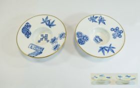 Worcester Aesthetic Period Very Fine Pair of Small Blue and White Circular Footed Dishes. Date 1877.