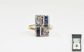 Ladies 9ct Gold Set Diamond and Sapphire Art Deco Style Ring. Fully Hallmarked.