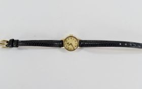 Ladies Omega Watch Co 9ct Gold Cased Mechanical Wrist Watch with Attached Black Leather Strap,