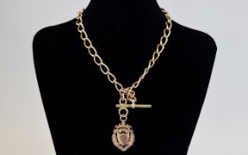 Antique - 9ct Rose Gold Double Albert Chain with T. Bar and Clasps and Attached Fob.