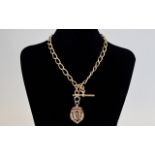 Antique - 9ct Rose Gold Double Albert Chain with T. Bar and Clasps and Attached Fob.