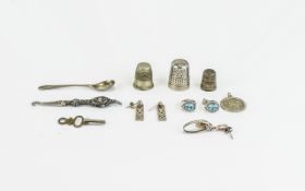 Collection of Small Silver Items, comprising chatelaine button hook, mustard spoon, small thimble,