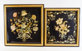 Mid 19th Century Framed Embroidered Panels Two in total on Black silk ground,