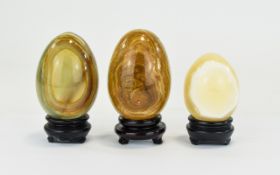 A Collection of Onyx Eggs and Stands ( 3 ) In Total. Each In Perfect Condition. 2.5 - 3 & 3.