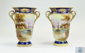 Noritake Fine Pair of Hand Painted Twin Handle Vases. c.