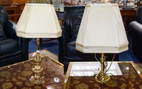 Pair of Brass Table Lamps, Both with Matching Shades.