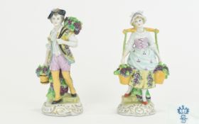 Sitzendorf - Late 19th Century Pair of Hand Painted Male and Female Figures, Carrying Baskets of