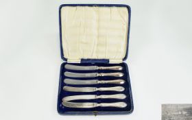 Silver Handle Butter Knives Six in total, boxed and fully hallmarked.