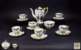 Shelley Art Deco 14 Piece Tea Service, Comprises 5 Cups and Saucers, Milk Jug and Sugar Bowl,