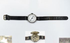 WWI Officers Military Silver Cased Pin Set Trench Watch with original leather strap. No 70126 -