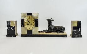 French Art Deco Marble Garniture Clock Set , Dial Marked Mahé-Boislandelle à La Heye-Pesnel,