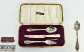 A 1930's Period - Solid Silver Boxed Christening Set, Comprises Silver Bladed Knife,