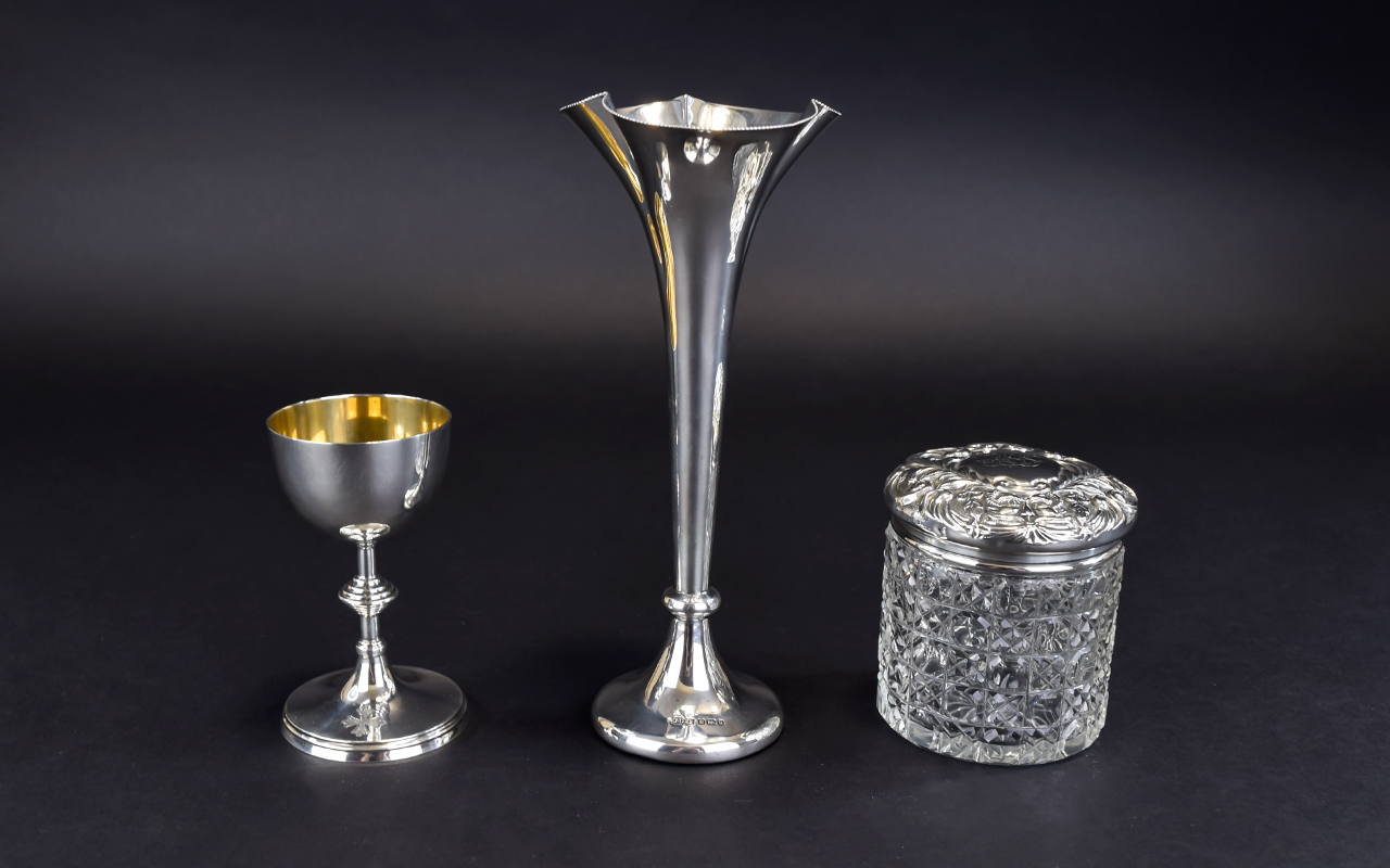 A Small Collection of Antique Silver Items ( 3 ) Comprises 1/ Edwardian Silver Flared Neck Bud Vase
