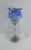 Glass Table Lamp, Blue Mottled Pattern Glass Shade with Glass Droplets. 17 Inches High.