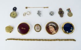 Mixed Lot Of Costume Jewellery Comprising Gold Plated Chain, Brooches, Pendant And Chain,