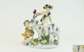 Anspach Late 19th Century Fine Hand Painted Porcelain Group Figure. c.1870. Bacchus Riding a Goat,